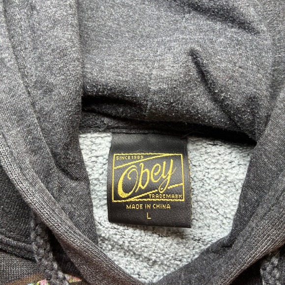 OBEY OG Floral Graphic Hoodie Distressed Charcoal Gray Womens Size Large - Picture 4 of 8